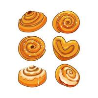 A set of delicious cinnamon buns on a white background. A heart-shaped bun. Vector illustration.