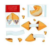 Chinese fortune cookies in a package and with a piece of paper set. Vector illustration.