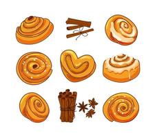 A set of buns with cinnamon and icing sugar in a cartoon style. Vector illustration