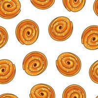 Cinnamon buns on a white background seamless pattern. Freshly baked sweet cake. Cartoon vector illustration