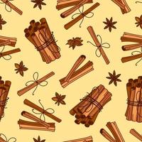 Seamless vector background with spices for coffee and cinnamon baking. Cartoon illustration