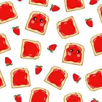 sándwich con mermelada de fresa y patrón sin costuras de fresas sobre un fondo blanco. fondo vectorial de dibujos animados. vector