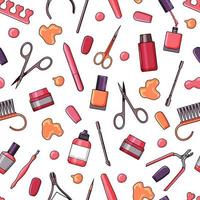 Manicure tools, nail polishes on white background vector seamless pattern. Fashionable background.