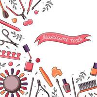 Square background with manicure tools. Banner with various nail art tools-scissors, clipper, nail polish, brush, cuticle tongs. Colorful vector illustration.