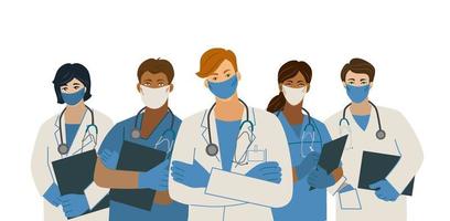 team of doctors wearing masks and stethoscopes on a white background. An epidemic. The objects are isolated. Vector illustration.