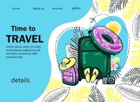 Colorful exotic design of travel banner with suitcase, backpack, airplane for popular travel blog, landing page or travel website. Hand-drawn vector illustration.