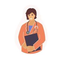 A female doctor with a stethoscope and a folder. Vector illustration in a flat style.