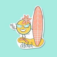 Summer sticker with a Lemon surfer and the inscription Aloha. Vector illustration.
