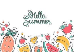 Background with tropical fruits and calligraphy. Hello summer. Hand-drawn abstract banner. Vector. vector