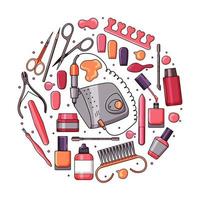 set of manicure equipment. Collection of various tools nail file, nail clippers, scissors, nail polishes. Colorful illustration.