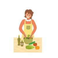 happy girl in an apron prepares a salad in a bowl, fresh vegetables, olive oil. Home-cooked food, dinner, cozy atmosphere. Vector illustration in the flat style.