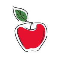 manzana roja jugosa con una hoja sobre un fondo blanco. icono. ilustración de mano de contorno. vector