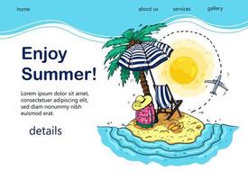 Bright design of tourist banner with palm tree, sea, sunbed, backpack, sun umbrella, airplane for popular tourist blog, landing page or tourist website. Hand-drawn vector illustration.