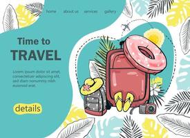 banner de viaje con una maleta, mochila o avión para un blog de viajes popular, una página de inicio o un sitio de viajes. ilustración vectorial dibujada a mano. vector