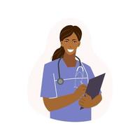 A female doctor with a folder and a stethoscope. Healthcare. African. Vector illustration.