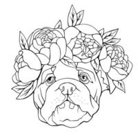 Bulldog with flowers on his head coloring book. Vector hand illustration.