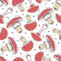 Seamless pattern with cute red fly-agaric amanita mushrooms. Isolated on white background. Hand drawn. vector