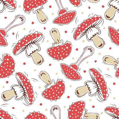 Seamless pattern with cute red fly-agaric amanita mushrooms. Isolated on white background. Hand drawn.