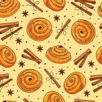 Cinnamon buns and cinnamon sticks seamless pattern. Cartoon vector illustration.