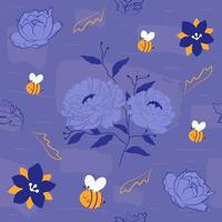 Peony with the bees seamless pattern vector
