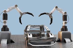 servicio de procesamiento de producción de automóviles en fábrica robot de alta tecnología robótico ai brazo de control mano robot artificial para tecnología de automóviles en concesionario de garaje con tecnología mano cyborg 2022 3d render foto