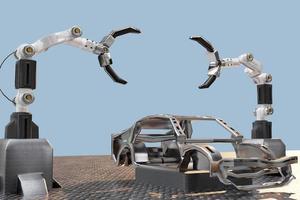 servicio de procesamiento de producción de automóviles en fábrica robot de alta tecnología robótico ai brazo de control robot de mano artificial para tecnología de automóviles en concesionario de garaje con tecnología mano cyborg 2022 3d render