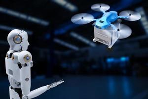 robot cyber futuro futurista humanoide espera caja producto tecnología ingeniería dispositivo verificación, para industria inspección inspector transporte mantenimiento robot servicio tecnología representación 3d foto