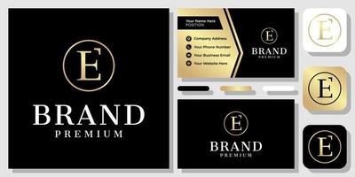 Initial Letter E Arrow Classic Serif Gold Luxury Up Success Logo Design with Business Card Template vector