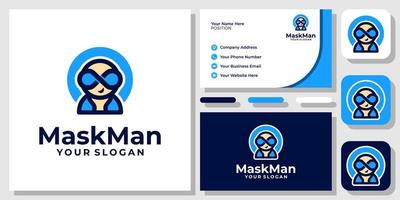 Cute Mascot Mask Man Costume Superhero Vector Logo Design with Business Card