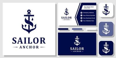 letra inicial s ancla de marinero diseño de logotipo náutico de barco marino marítimo con plantilla de tarjeta de visita vector