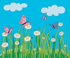 primavera, verano - coloridas mariposas vuelan sobre la hierba y las margaritas vector