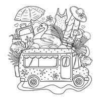 Summer coloring book. Travel to the sea by bus. Coloring book for adults. Vector set. The objects are isolated.