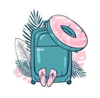 concept of traveling to exotic countries. Hand-drawn vector illustration with a suitcase, an inflatable circle, sandals and palm leaves. The objects are isolated.