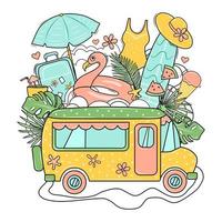 Travel to the sea by bus. Print with bus, suitcase, surfboard, flamingo, beach hat, ice cream and palm leaves. Vector illustration. The objects are isolated.