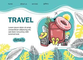 Design a tourist banner with a palm tree, sea, backpack, sun umbrella, airplane for a popular tourist blog, landing page or tourist website. Hand-drawn vector illustration.