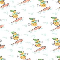 fun juicy orange slice is surfing. Children's decor. Vector background.