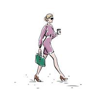 Businesswoman hand drawn on a white background. A girl with a coffee and a briefcase goes to work. Vector illustration.