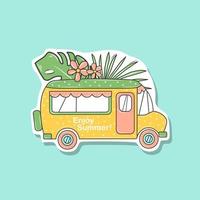 Summer sticker with a bus and palm leaves. Travel by bus. Vector illustration. The objects are isolated.