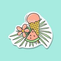 Summer sticker with ice cream and palm leaves. A design element. Vector illustration.