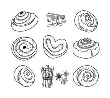 Set of outline cinnamon buns. Vector illustration.
