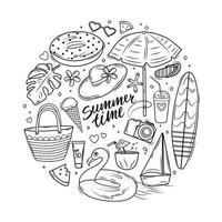 Summer doodle set with lettering, surfboard, sun umbrella, inflatable circle and beach bag. Coloring book. Vector illustration.