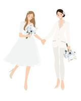 Lesbian wedding couple in white suit pants and wedding dress holding hands invitation layout vector