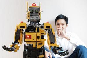 Asian man with Robot community metaverse for VR avatar reality game virtual reality of people blockchain connect technology investment, business lifestyle photo
