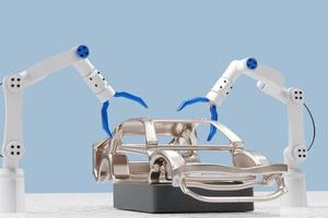 servicio de procesamiento de producción de automóviles en fábrica robot de alta tecnología robótico ai brazo de control mano robot artificial para tecnología de automóviles en concesionario de garaje con tecnología mano cyborg 2022 3d render