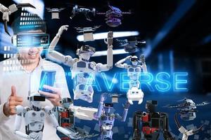 Asian man with Robot community metaverse for VR avatar reality game virtual reality of people blockchain connect technology investment, business lifestyle photo