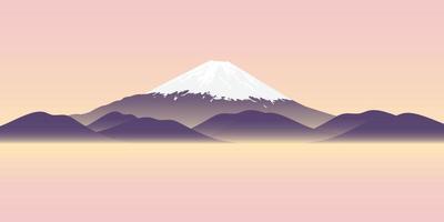 Asian country flat landscape at sunset with a mountain. City skyline flat panoramic vector background. Japan. Fujiyama.