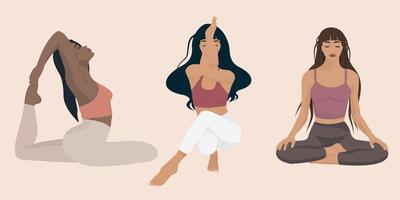 grupo de chicas en diferentes poses de yoga en un fondo simple