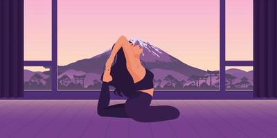 Vector illustration depicting an evening meditation in nature. A beautiful girl doing yoga. Asian city and mountain in the background. Modern lifestyle of successful people