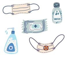 Disinfection items. Protection items sanitizer, wipes, mask, respirator, spray, soap. Personal protection from infection. Vector cartoon illustrations set.