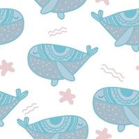 Pastel colours Whale vector seamless pattern. Cute ocean creatures background. Scandinavian decorative childish design for kids fabric.